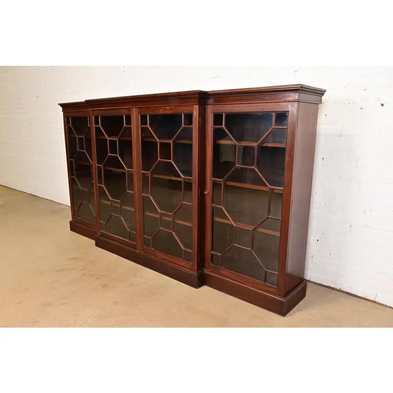 Antique Georgian Carved Mahogany Breakfront Bookcase Cabinet, Circa 1900