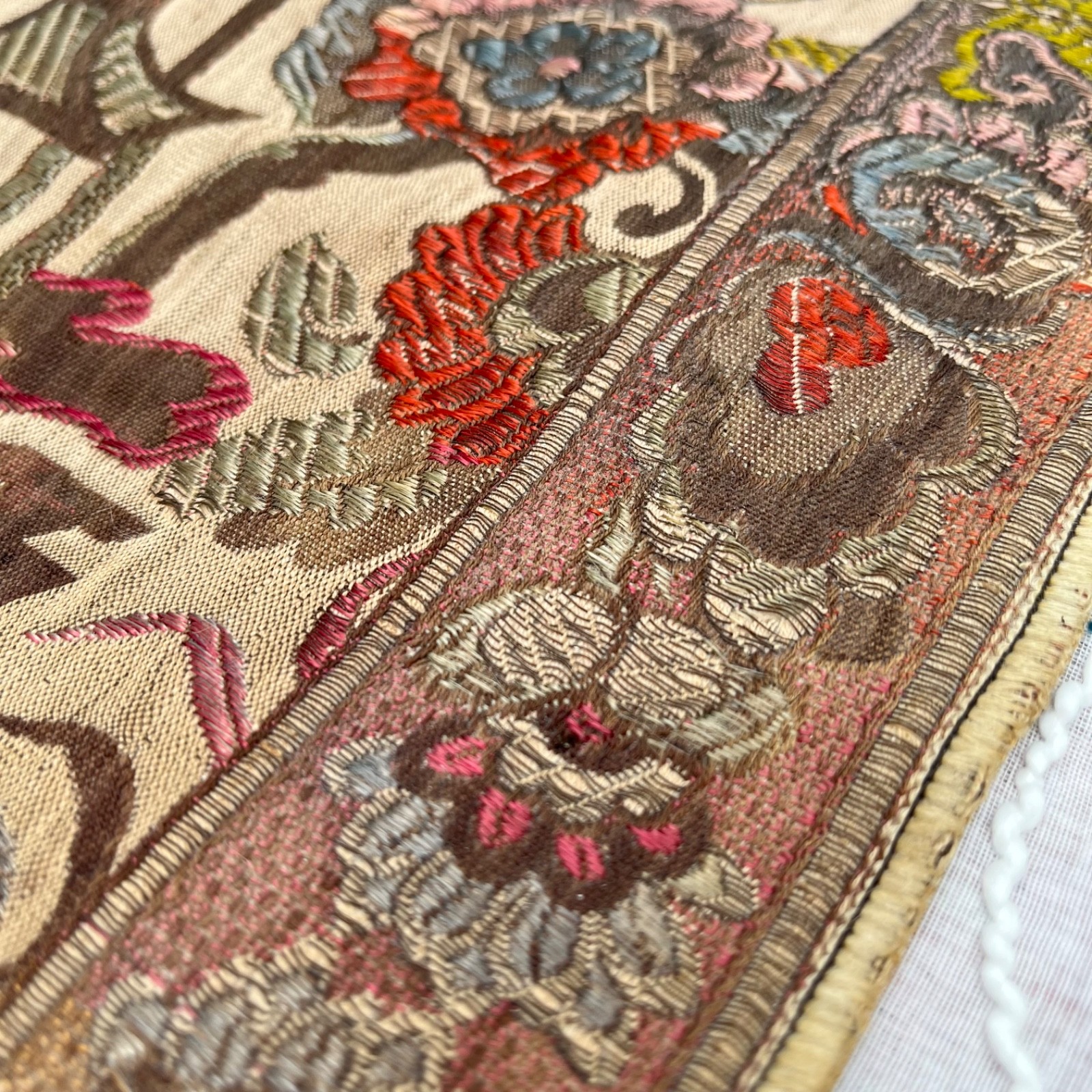 Vintage Asian Silk Hand Embroidered Textile 48 x 17 Panel Runner Pagoda Scene