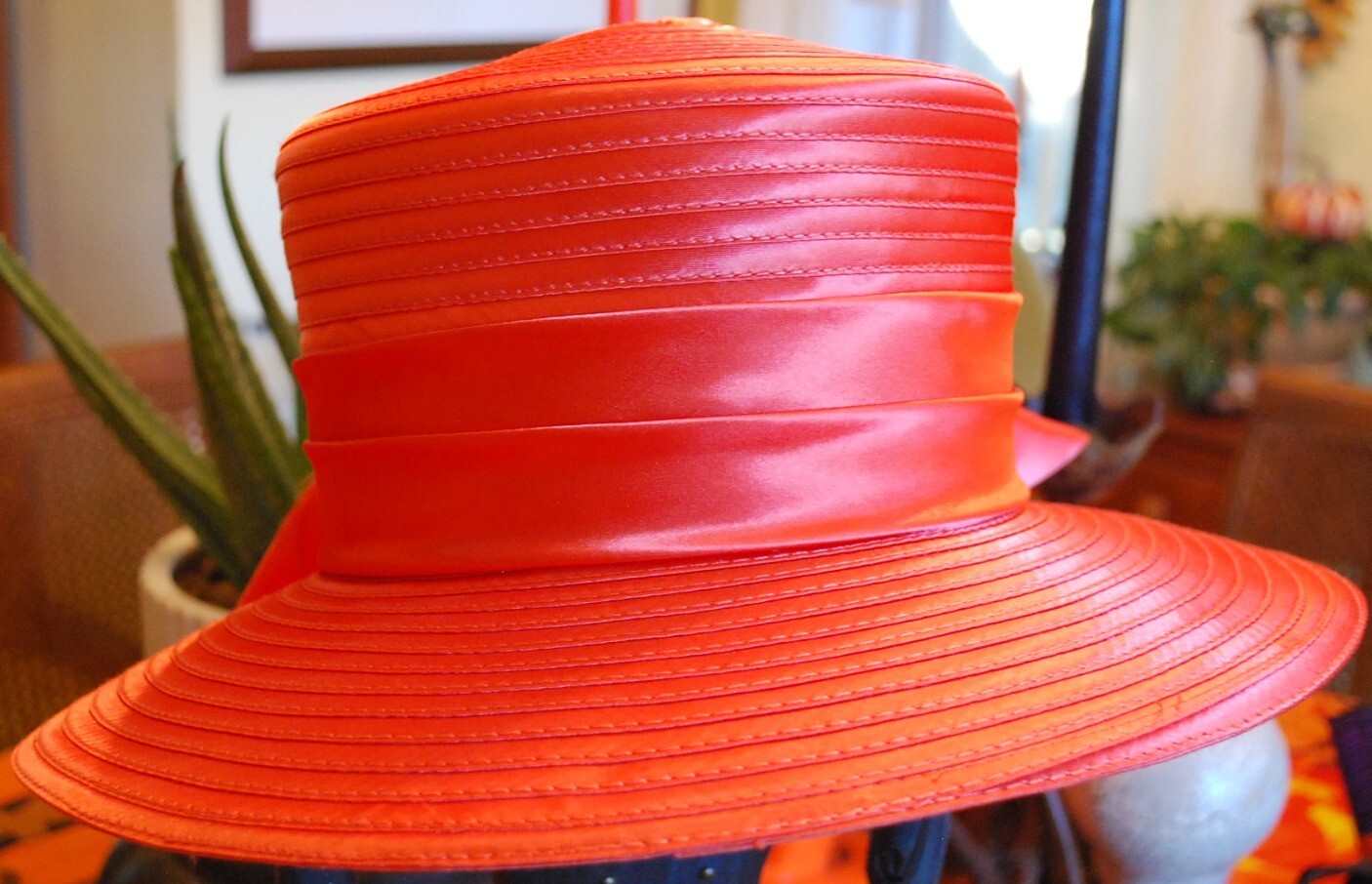 Vintage SOPHIA COLLECTION Ladies ORANGE Church Hat w Rhinestones & Feathers