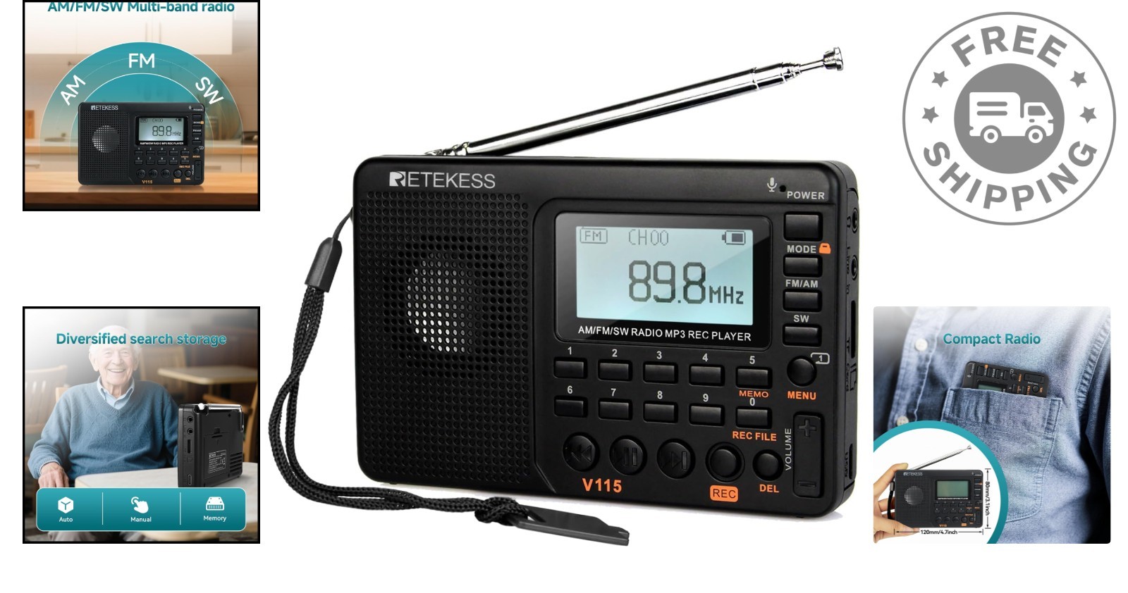 Portable V115 Shortwave Digital Radio with Preset Stations & Telescopic Antenna