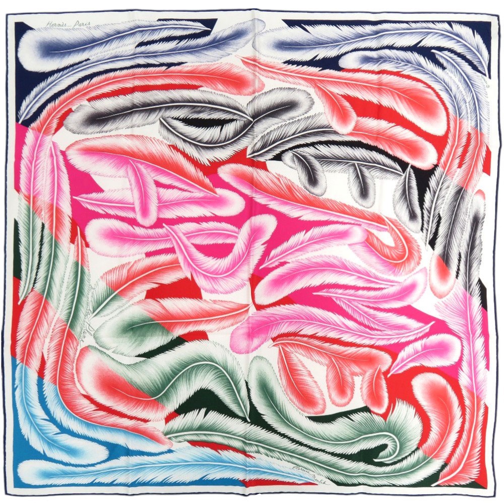 Hermes Carre 65 A la Plume Feather Silk Multicolor Scarf