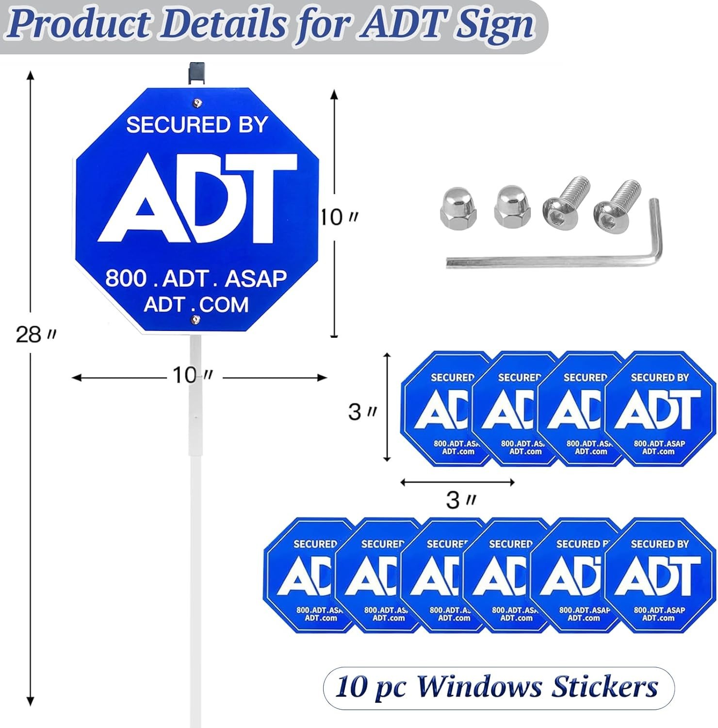 28ADT Security Signs for Yard with Stake & 10 Pcs ADT Window Stickers, 100% Alum