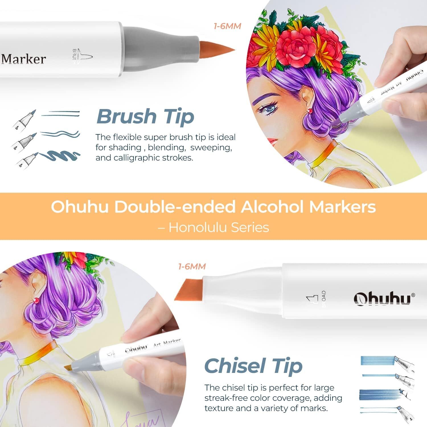 Ohuhu Alcohol Markers 216-color Double Tipped Brush & Chisel- Refillable Markers