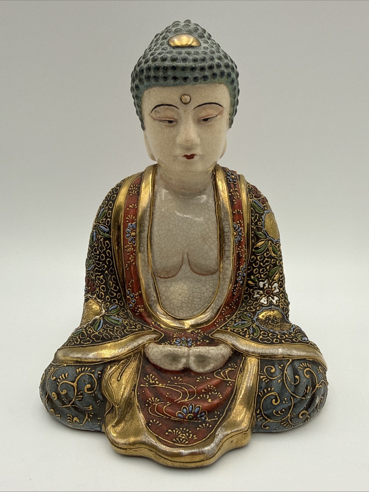 Vintage Japanese Satsuma Moriage Ceramic Buddha Figurine  8” High