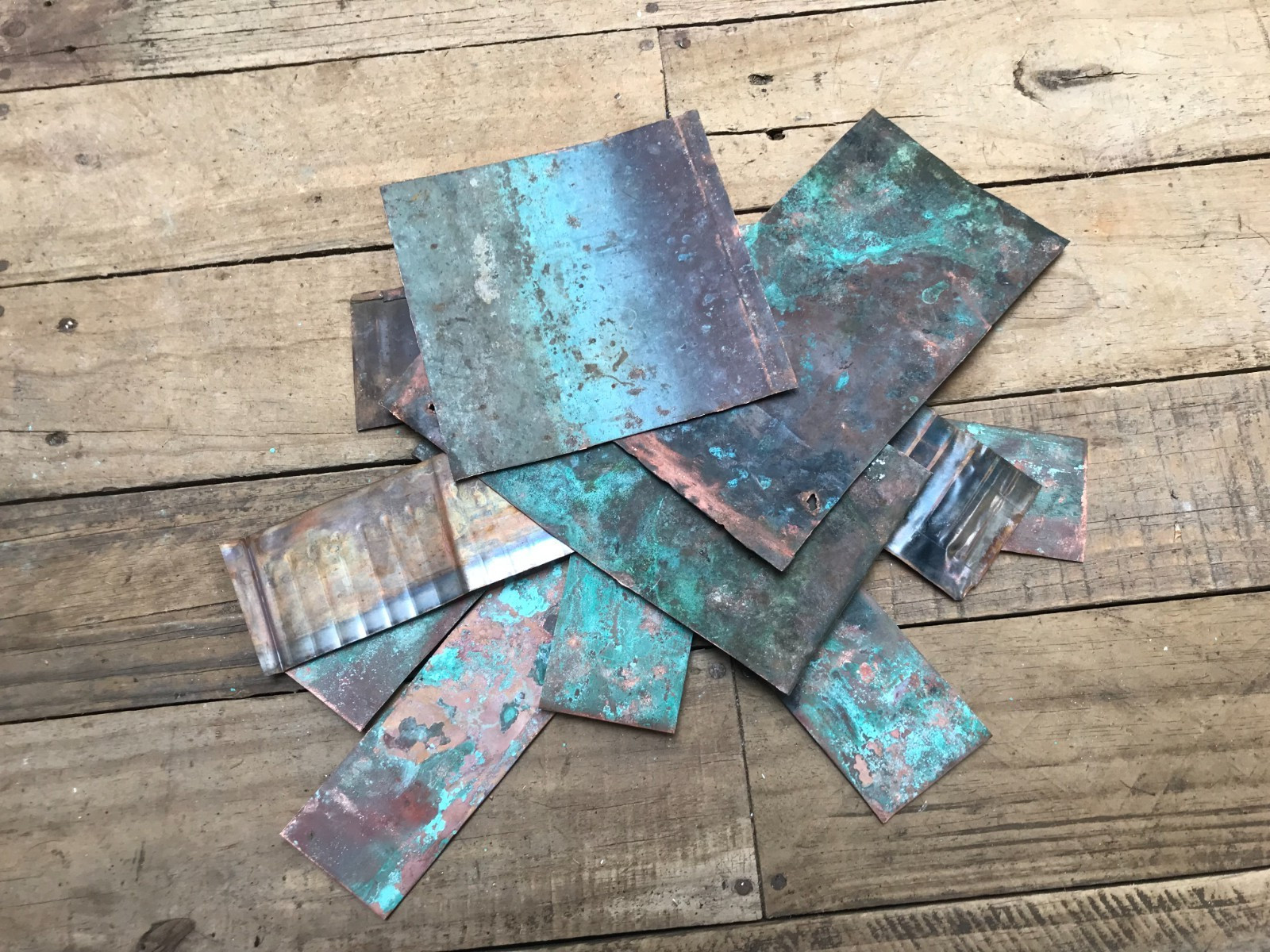 Lot 12 Sheet Copper Pieces Coppersmith scrap Natural Patina Colors Verdigris