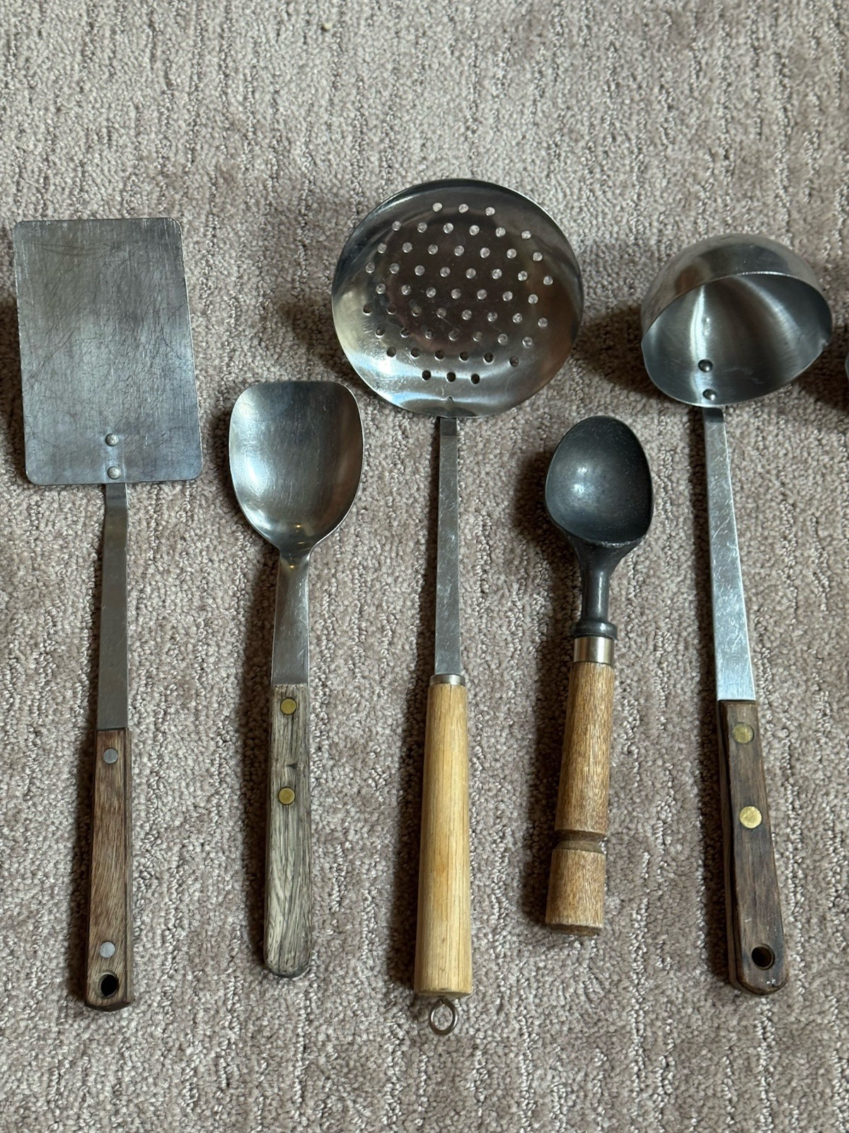 Lot 12 Utensils w/ Wooden Handles Stainless Helco Flint Blue Ribbon Japan USA