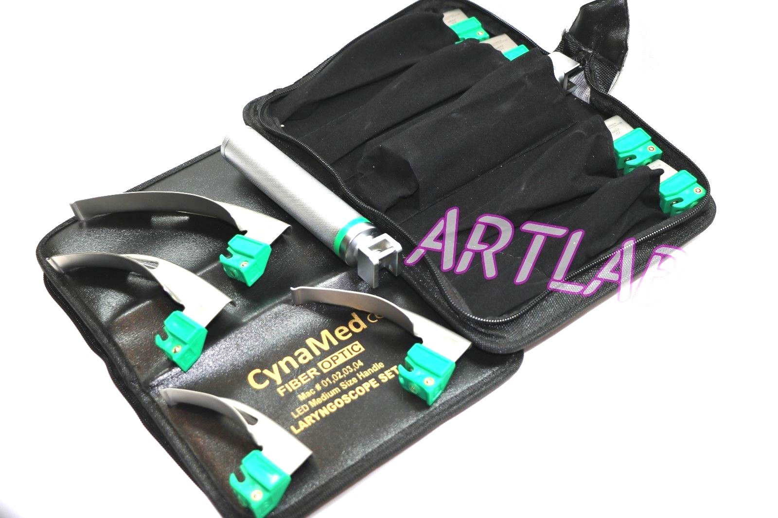 FIBER-OPTIC LARYNGOSCOPE SET OF 4 INTUBATION BLADES 1,2,3,4 + MEDIUM HANDLE