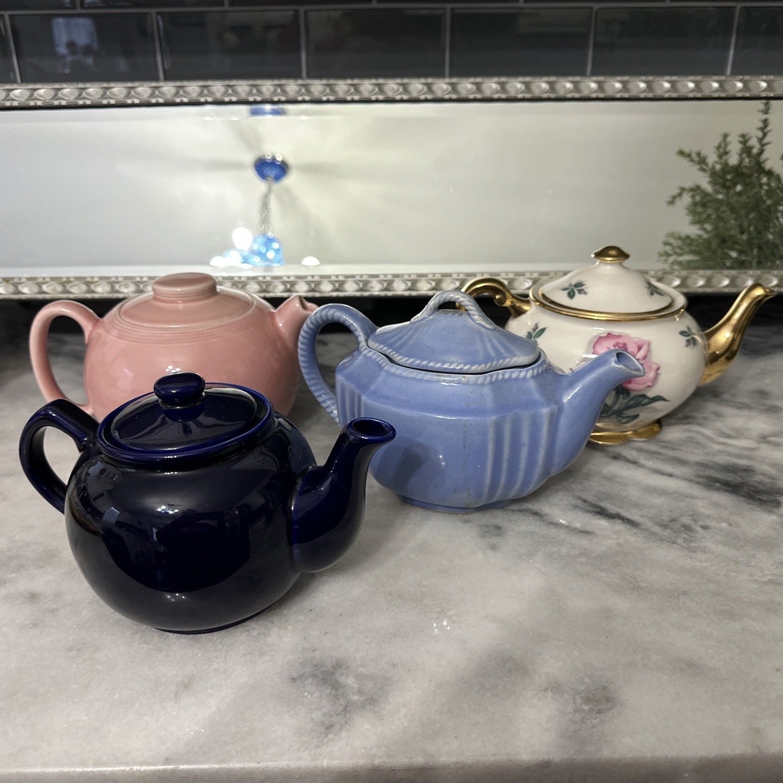 Lot Of 4 Beautiful Teapots In Various Colors. 3 Solid And 1 Floral Patterned