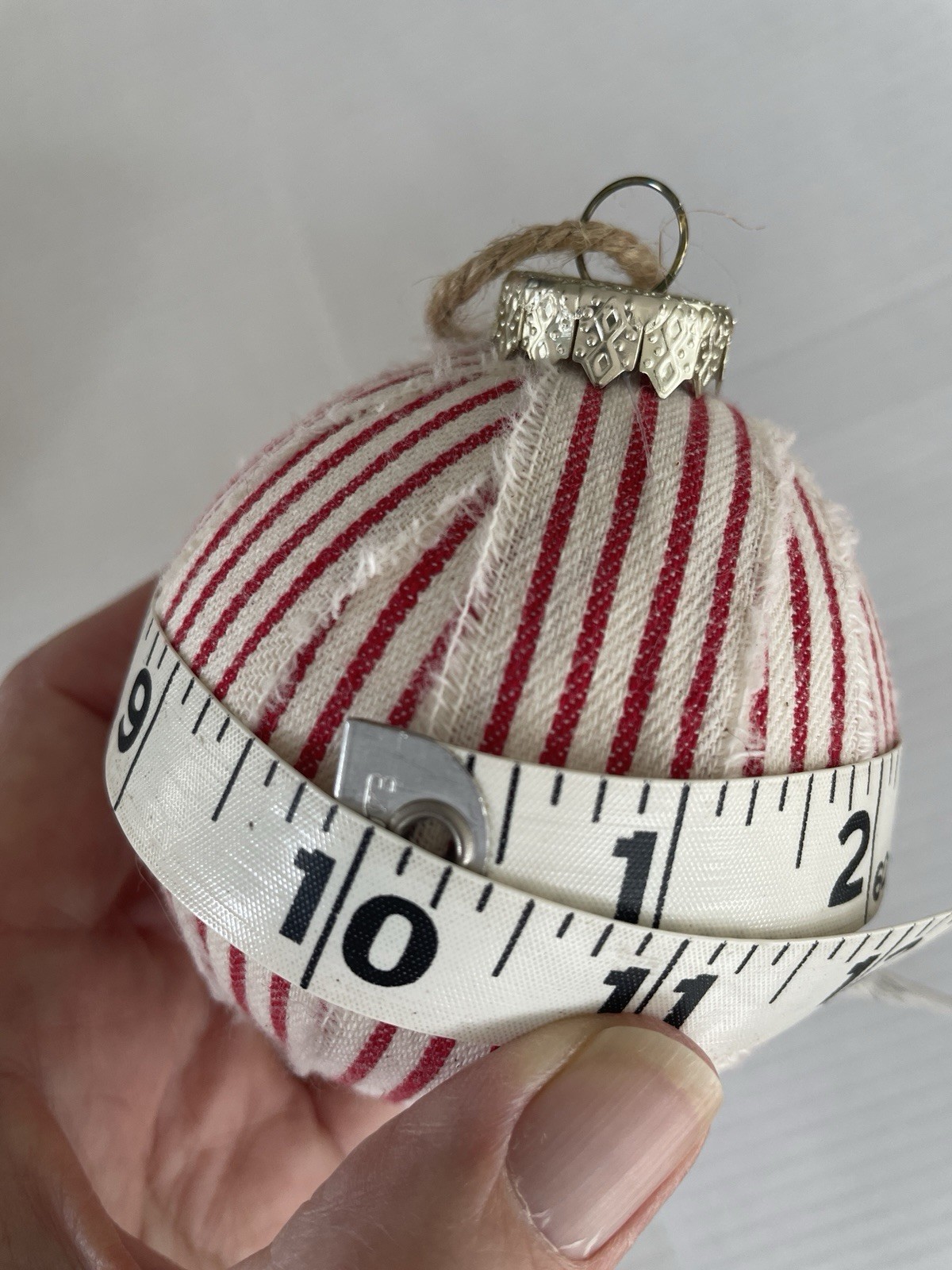 Red and White Ticking Striped Ball fabric Christmas Ornaments Lot Of 18 Country