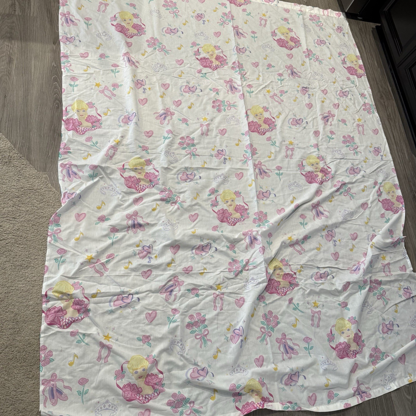 Vintage Bibb Company Barbie Twin Size Flat Top Sheet 1995 Ballerina Pink Bows