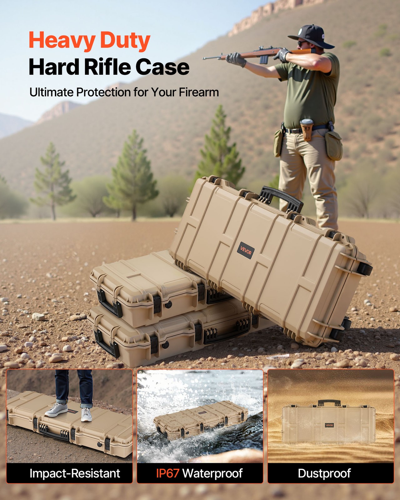 VEVOR Hard Rifle Case IP67 Waterproof Rifle Storage Case with Pre-cut Foam Khaki