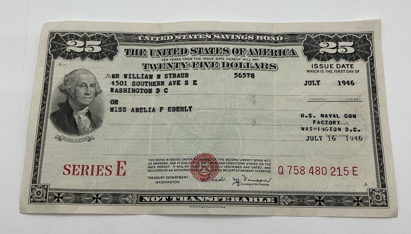 July 16th, 1946 Series E $25 United States Savings Bond US Naval Gun Factory DC