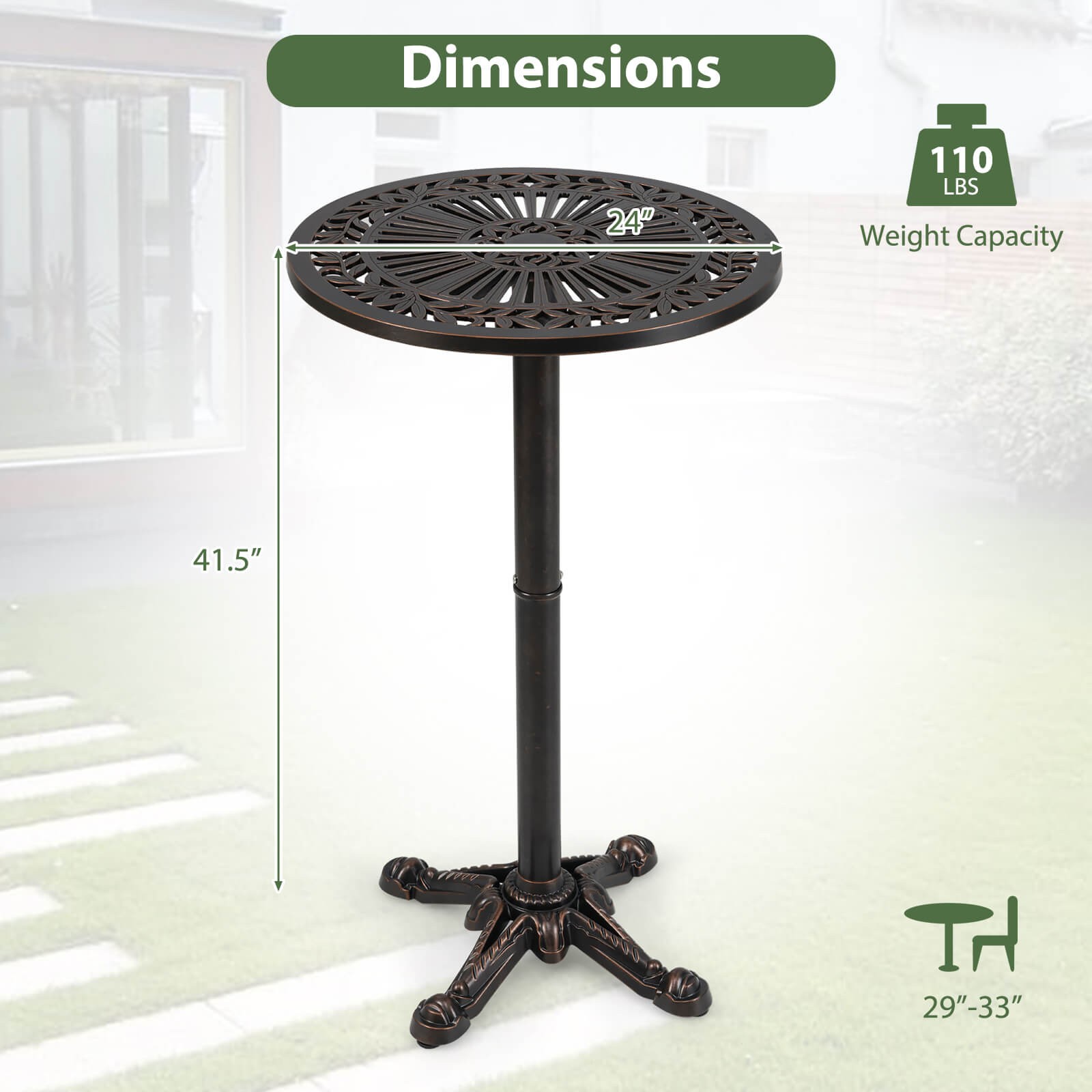 24" Patio Round Bar Table w/Carved Texture for Garden Backyard Balcony, Poolside