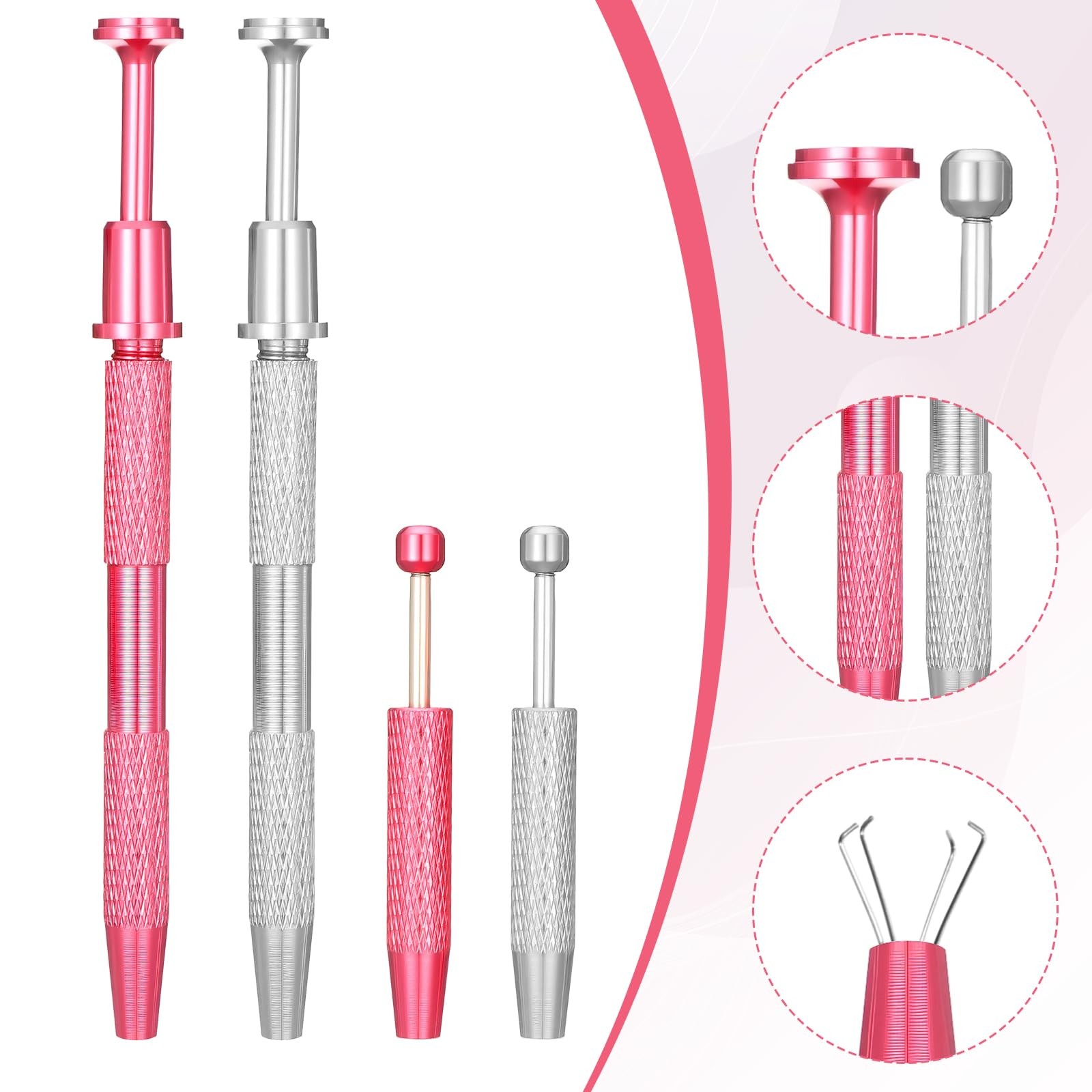 YBEATY 4 Pcs Jeweler's Pick Up Tool Stainless 2.4 × 0.31 × 0.31, Pink, Silver