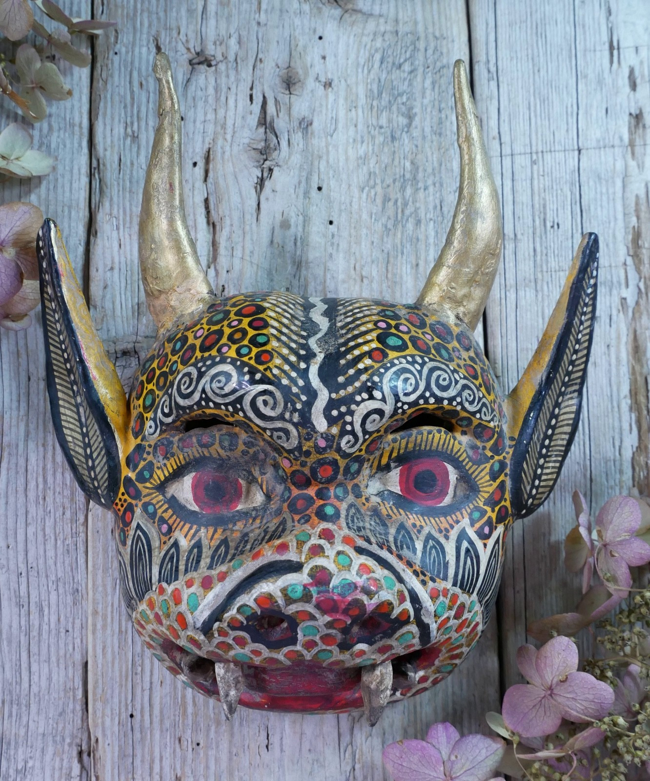 Devil Demon Wood Mask Real Goat Horns Handmade Guerrero Nahua Mexican Folk Art