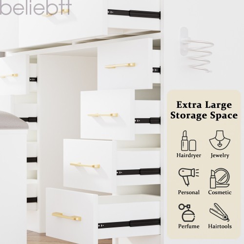 46"Glass Top Vanity Desk 10 Drawers Makeup Vanity Power Outlet, Silent Slides