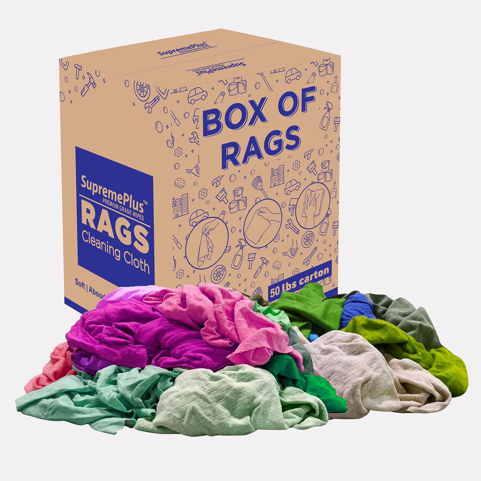Colored Knit Rags 50 LB Box - T-Shirt Wiping Bulk Cleaning Cloths