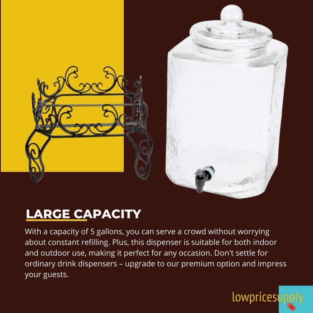 5 Gallon Hammered Glass Beverage Dispenser with Metal Stand - FAST SHIPMENT