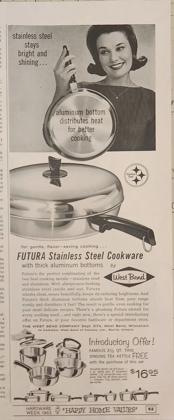 1963 West Bend Vintage Ad 13 x 5 futura stainless steel cookware