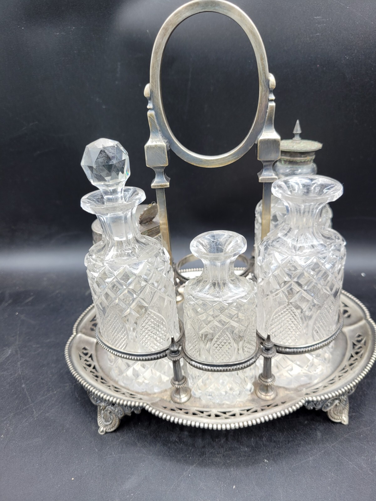 antique 1800's ornate cut crystal silver plate cruet condiment set caddy