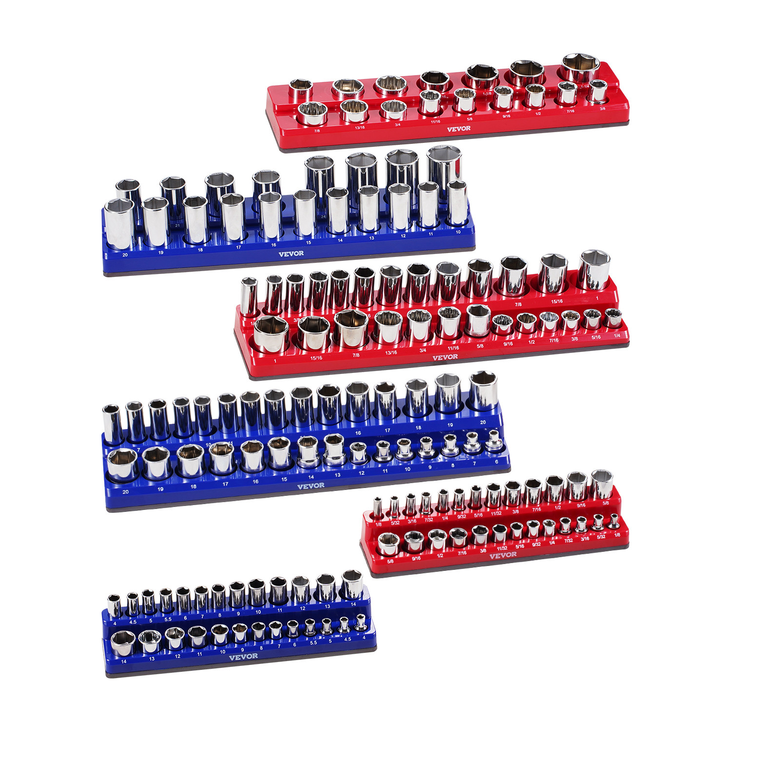 VEVOR Magnetic Socket Organizer Set 6PCS Socket Trays Blue & Red for Metric SAE