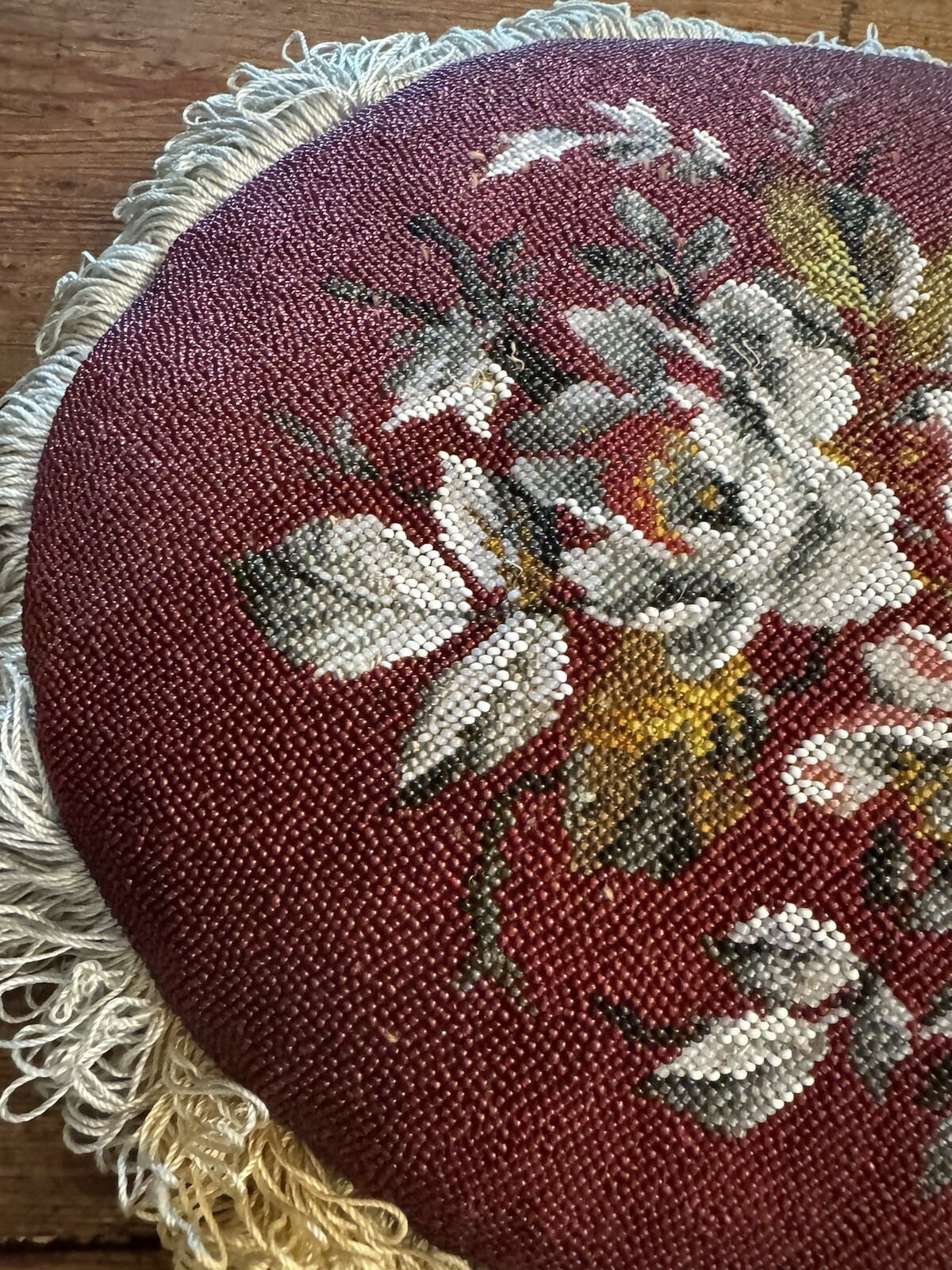 Victorian UK Embroidered & Beaded 13” Chair Seat Cushion w/ Purple Velvet Bottom