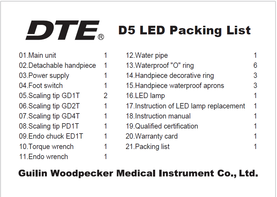 Original Woodpecker Dental DTE D1 D5 LED Ultrasonic Piezo Scaler Handpiece 110V