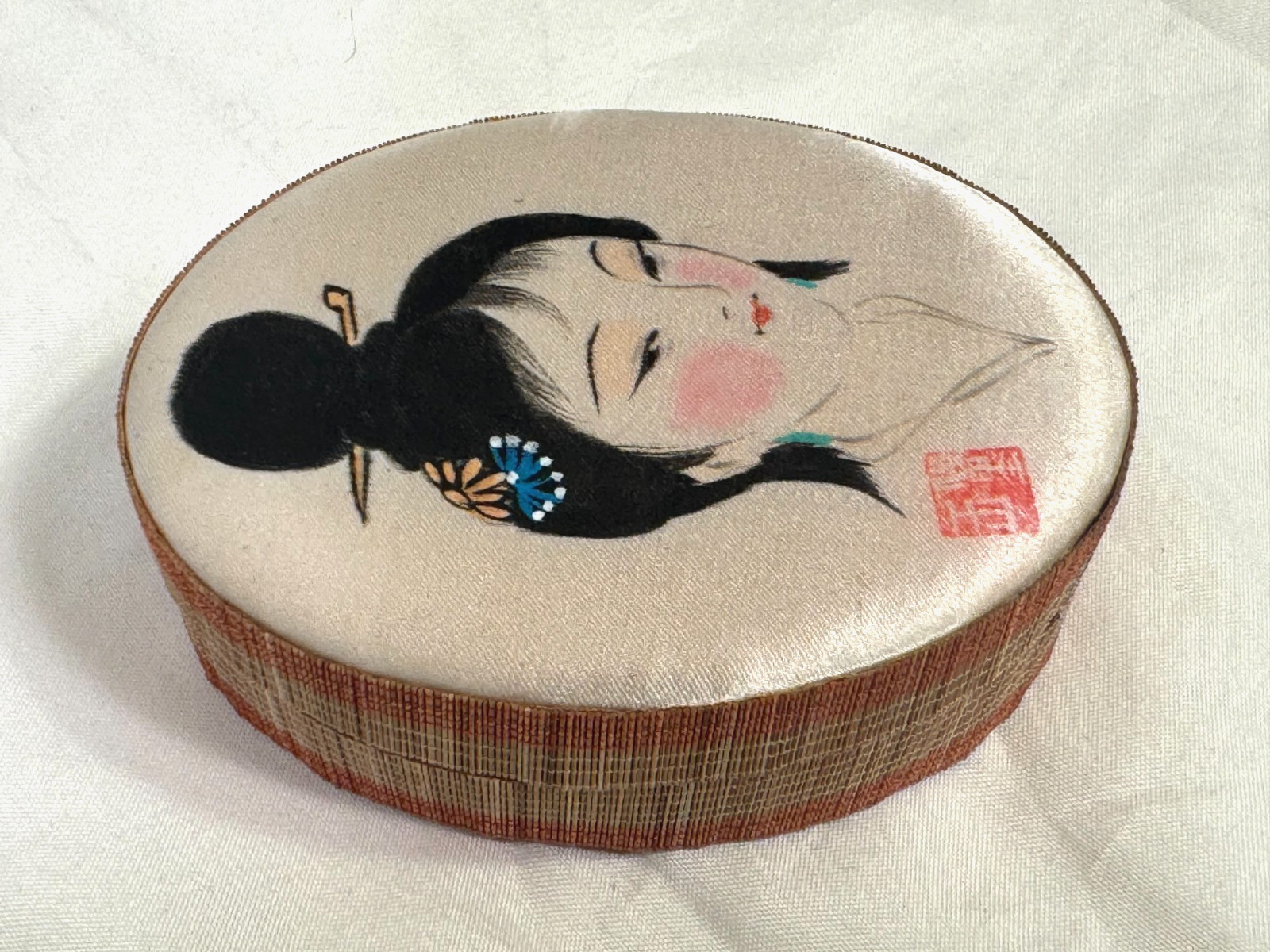 JAPANESE ASIAN CHINESE SILK GREEN WALLET SIGNED OVAL BOX PAINTING GEISHA WOMAN