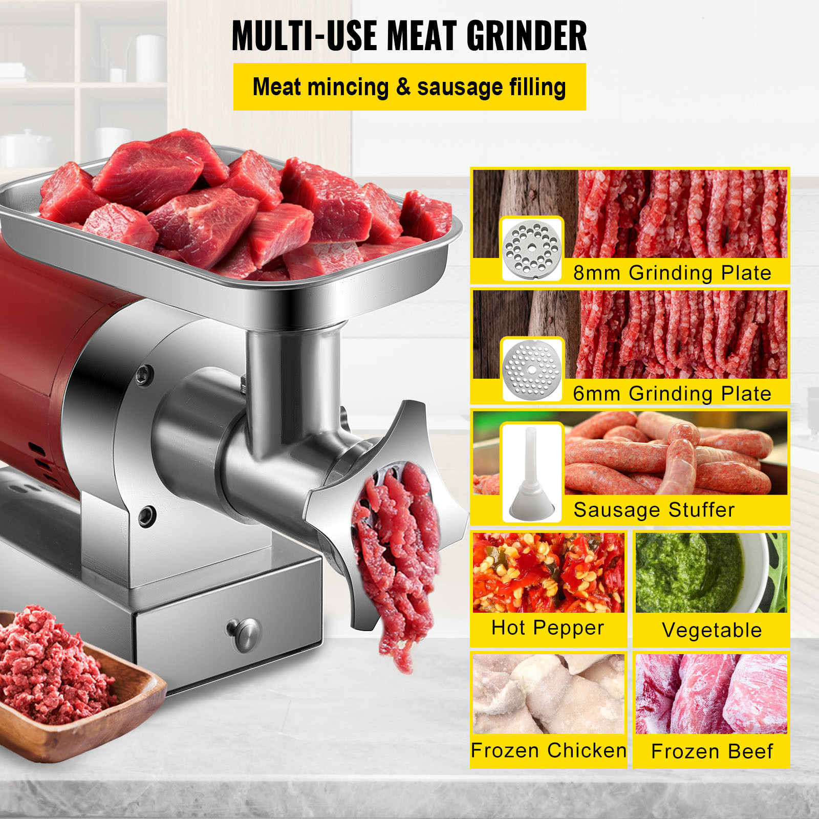 VEVOR Electric Meat Grinder Machine Electric Meat Mincer 661 Lbs/Hour 1100W Red