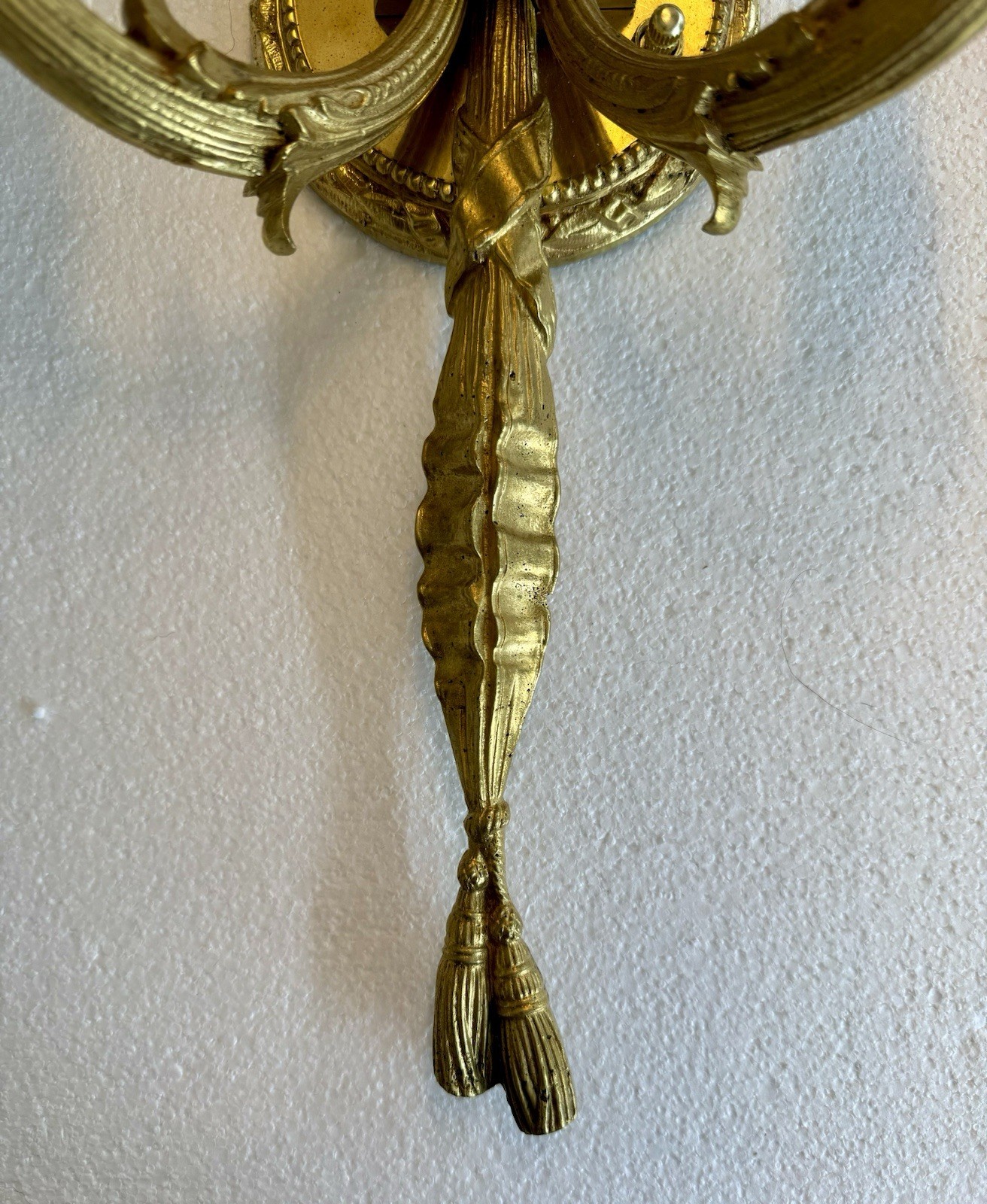 PAIR Antique French Gilt Brass Rope Bow Tassels Wall Sconce Candelabras A1