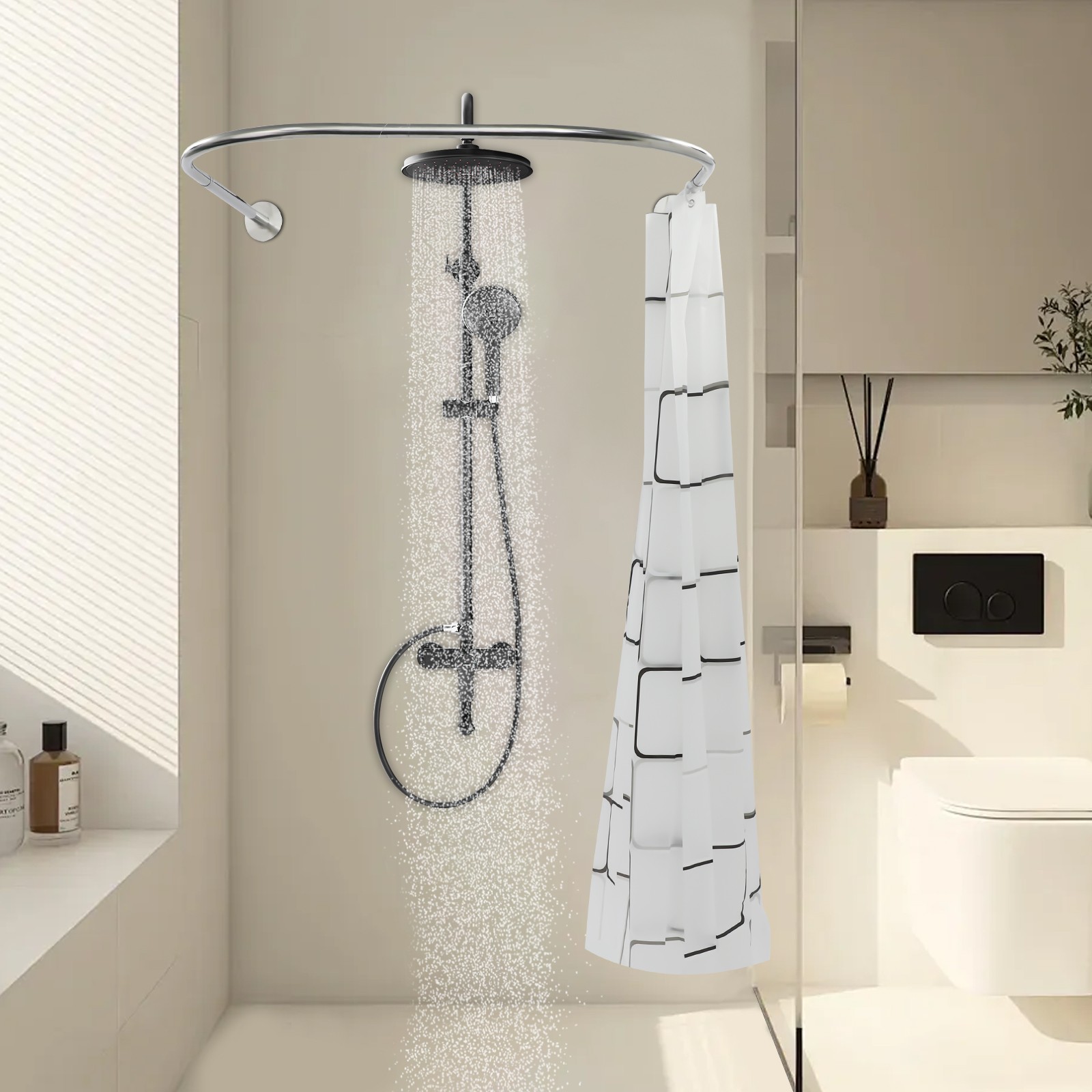 U-Shaped Shower Curtain Rod Set – No Holes Installation, Adjustable 0.9-1.3m
