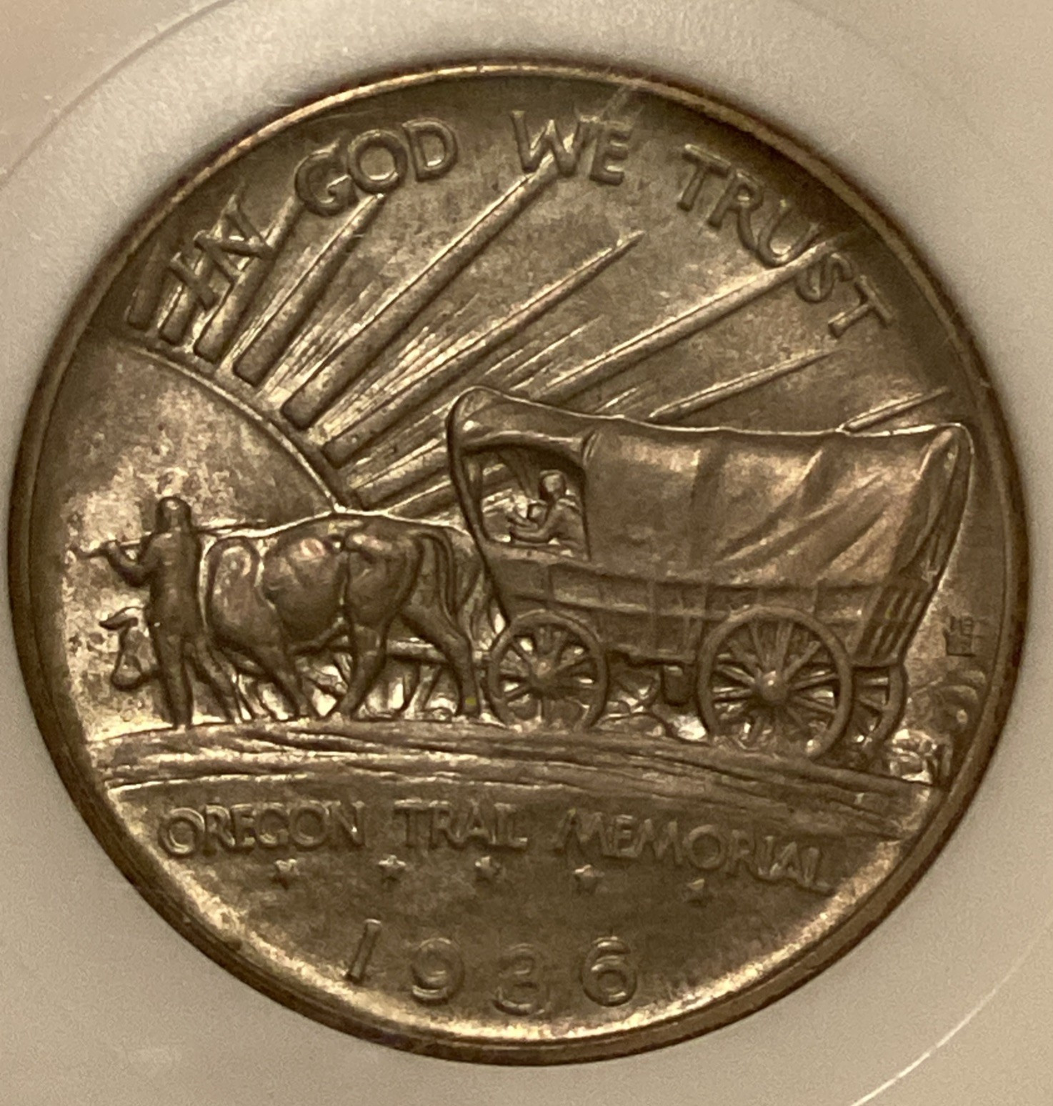 1936 NGC MS 65 OREGON TRAIL Silver Commemorative Toned Coin Fatty Holder