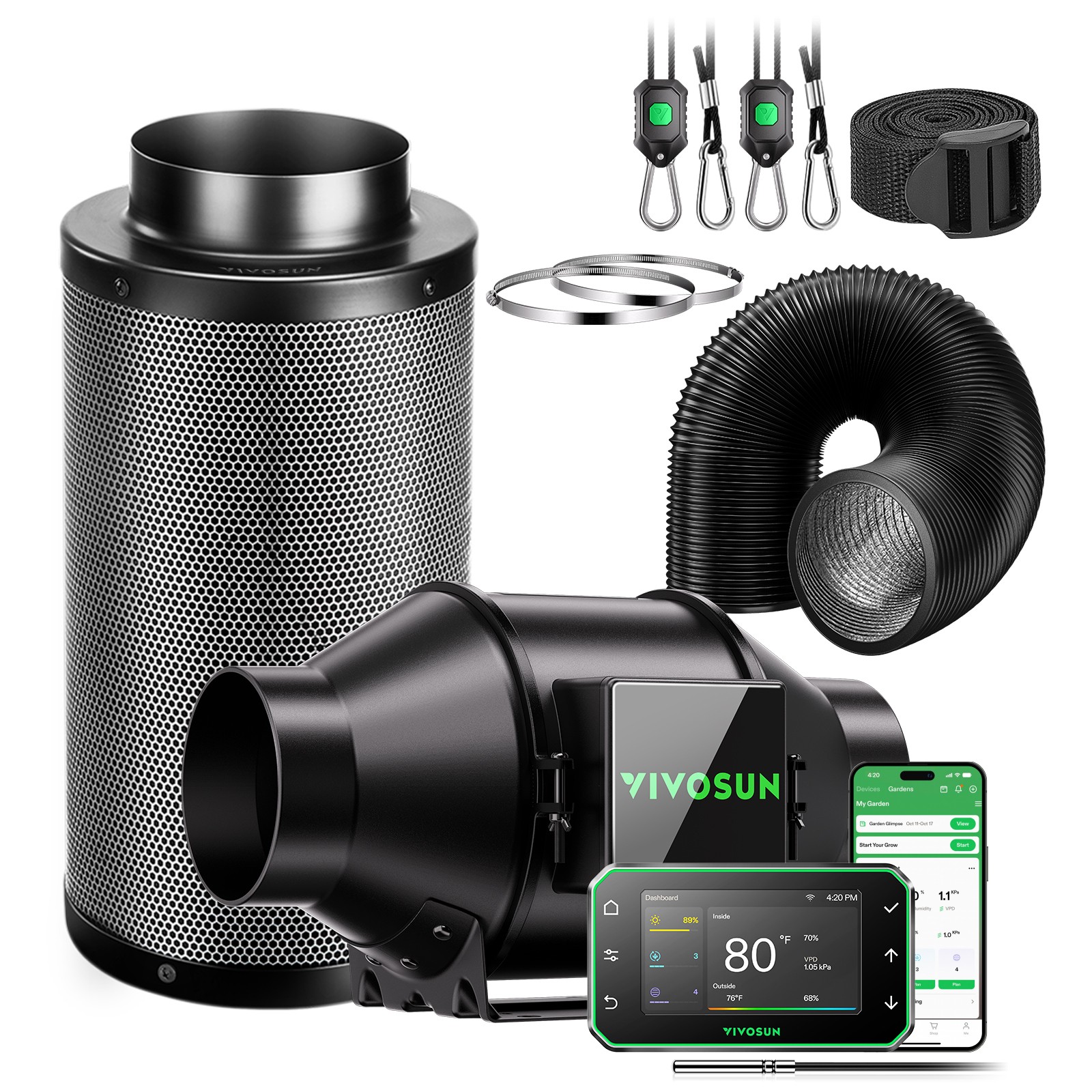 VIVOSUN AeroZesh G4 4'' 195 CFM Inline Duct Fan E42A+ Carbon Filter 8' Ducting