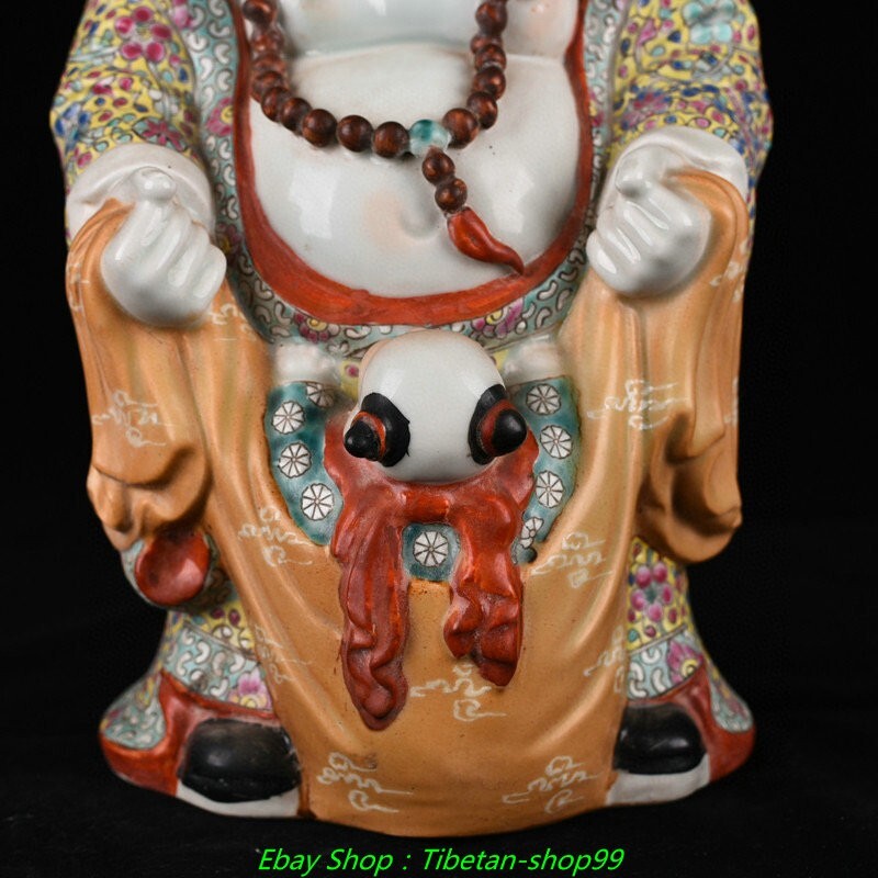 11.8''Old Famille Rose Porcelain Gilt Tongzi Happy Laugh Maitreya Buddha Statue