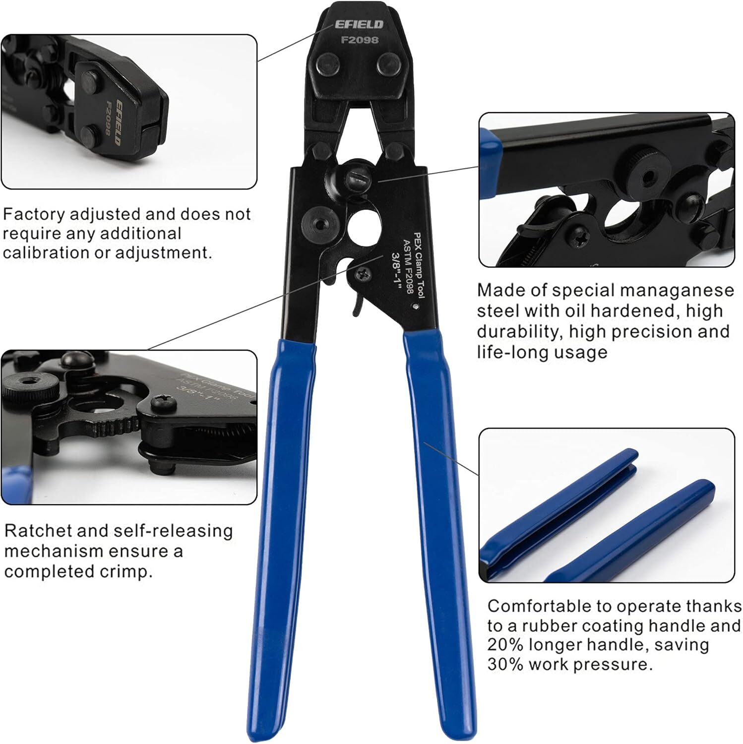 EFIELD Pex Cinch Clamp Crimping Tool & Cutter With 20 1/2"and20 3/4" Clamp Rings