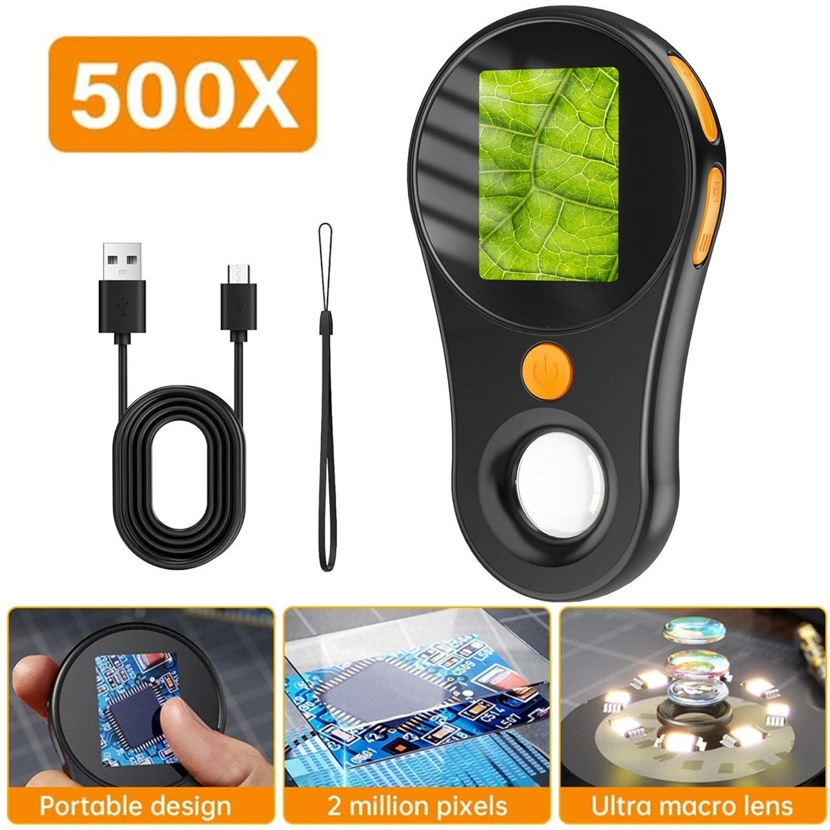 500X Digital Microscope 1080P 2.0Inch Video Coin With Magnifying Glass 8 LEDs US
