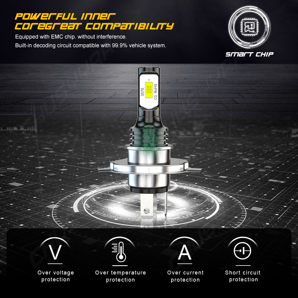 For Motorcycle H4 6500K LED Hi/Lo Beam Front Light Bulb Super Bright Headlight