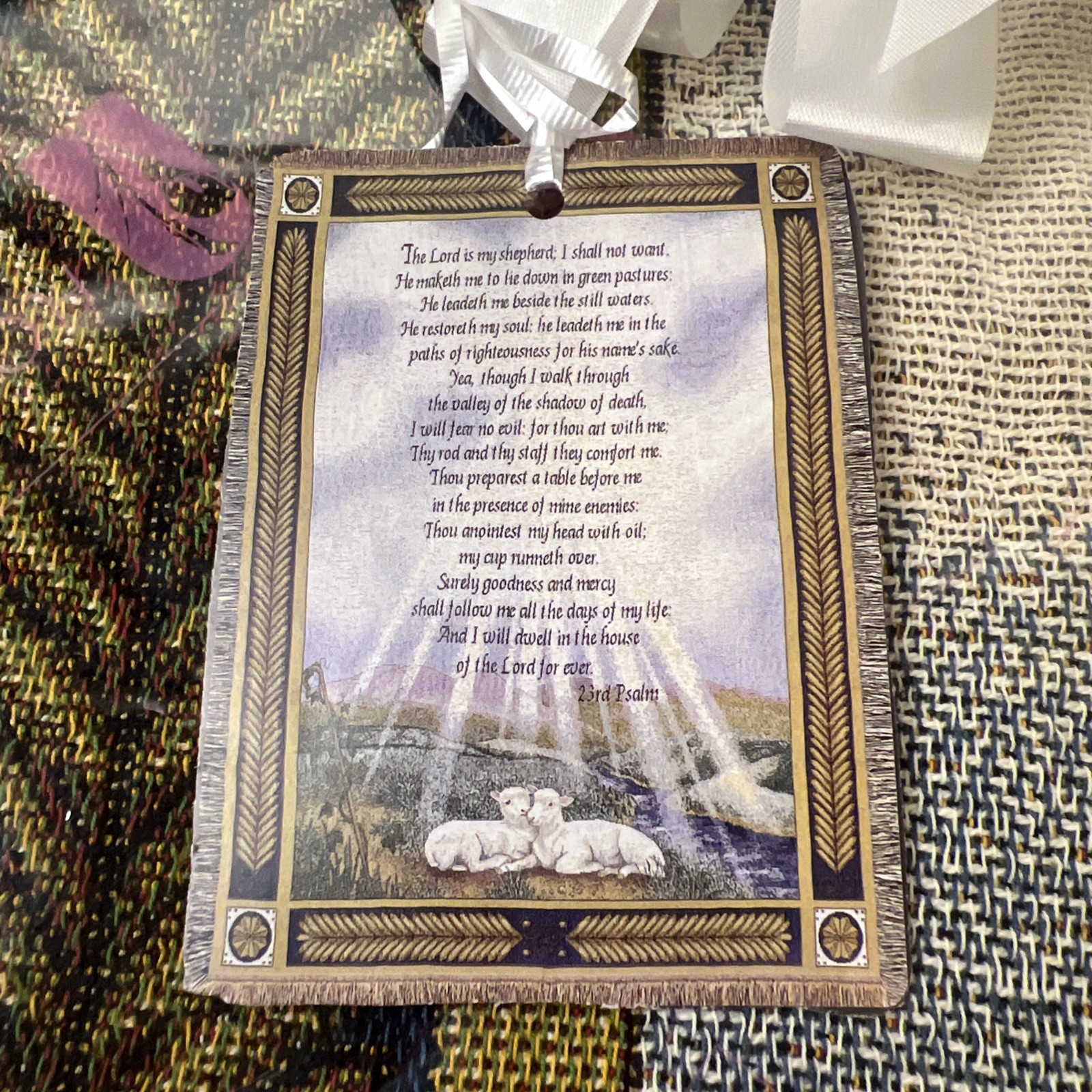 NEW Woven Tapestry of the 23rd Psalm 60"x50" Christian Prayer Lamb Blanket Decor
