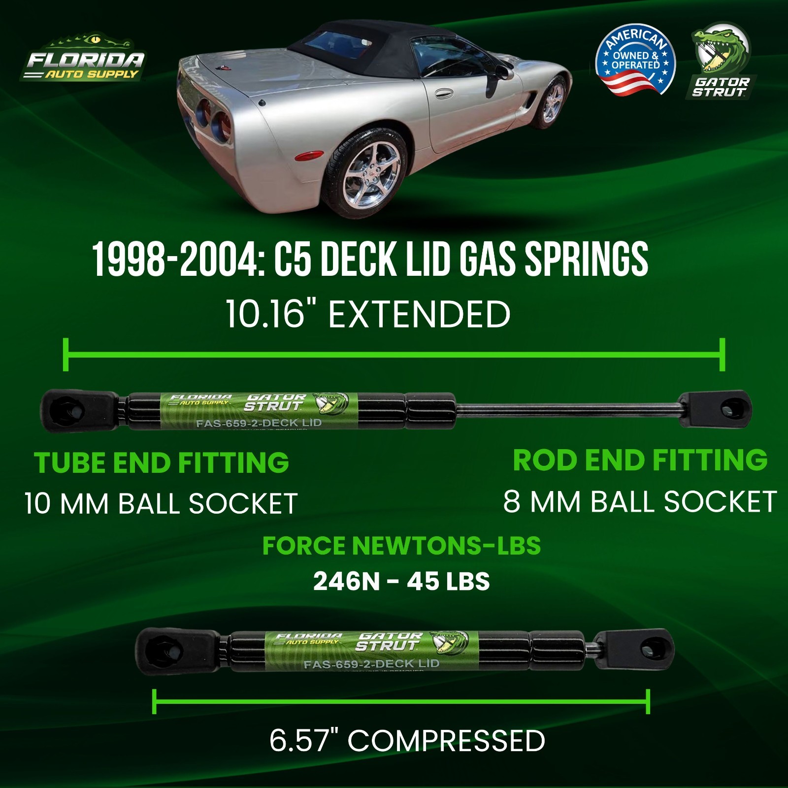 2 Deck Lid Compartment Lift Supports FAS-659 For 98-04 C5 Corvette Convertibles