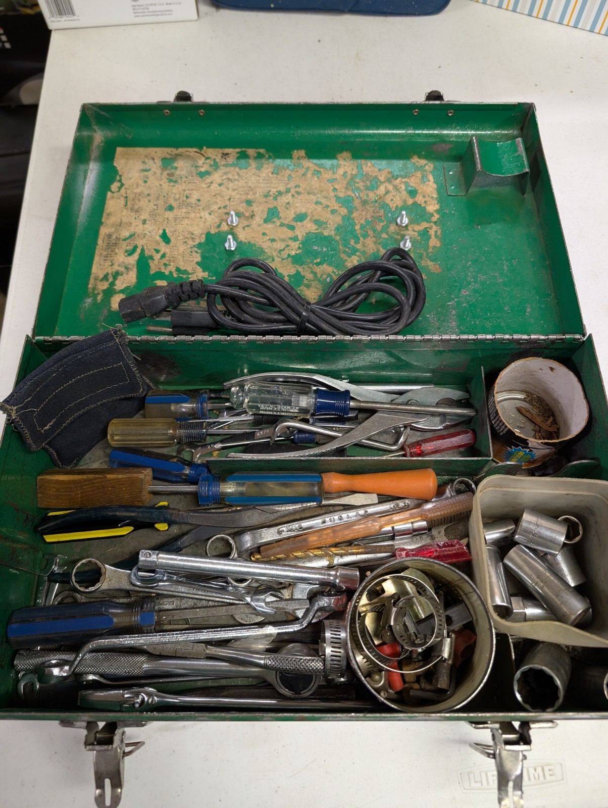 Vintage Metal Toolbox with 50+ assorted lot of tools