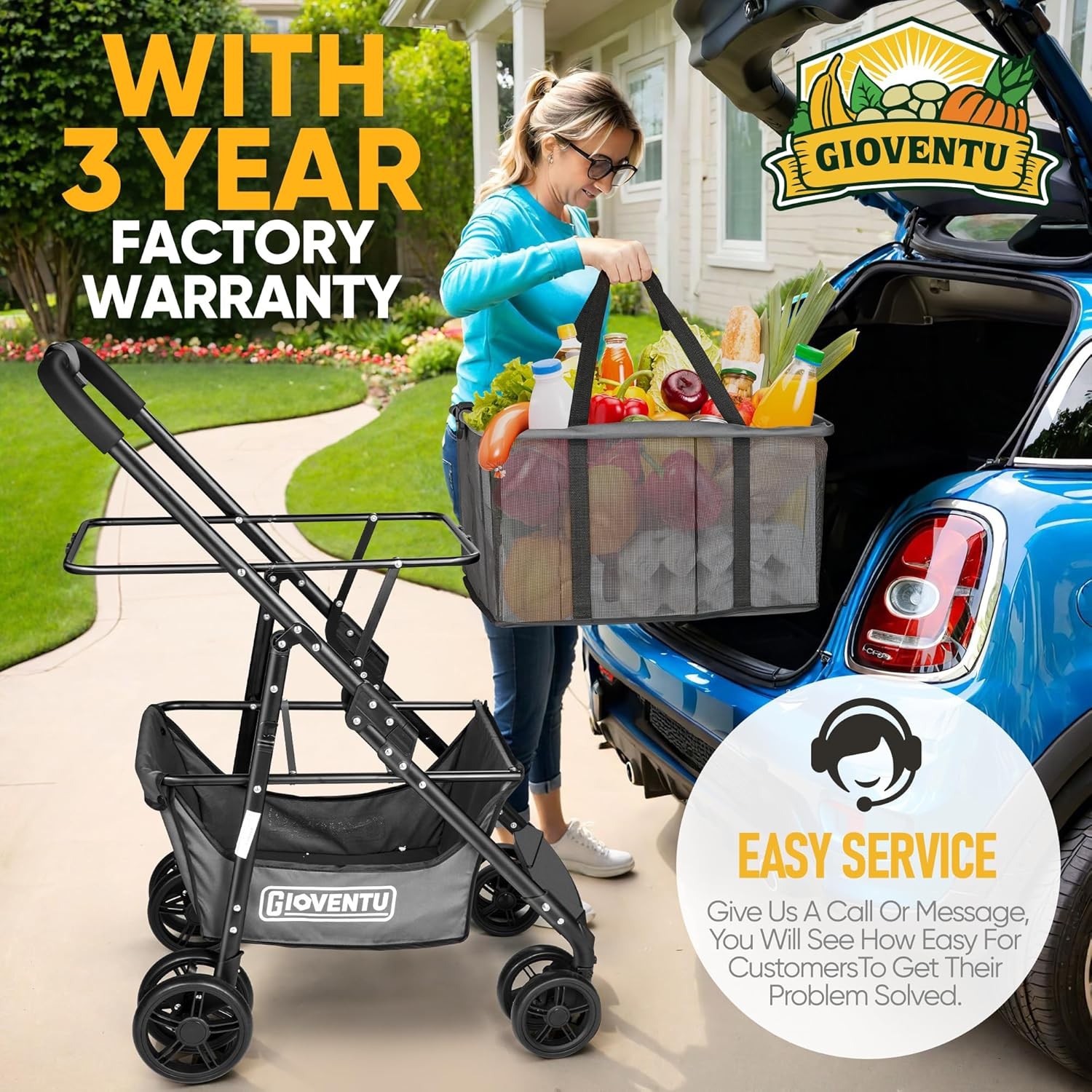 80lbs Multi Use Grocery Carts with 360° Wheels & Removable Bag One-Click Folding