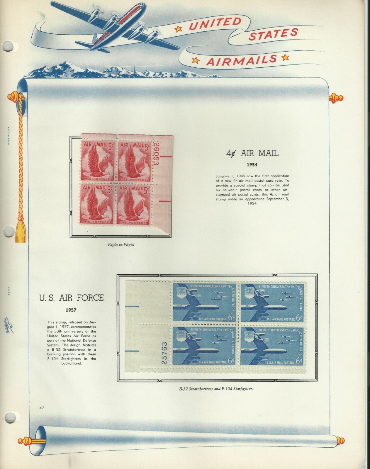 USA Stamps: Air Mail Plate Blocks & Singles on White Ace Album Pages. SCV $350+