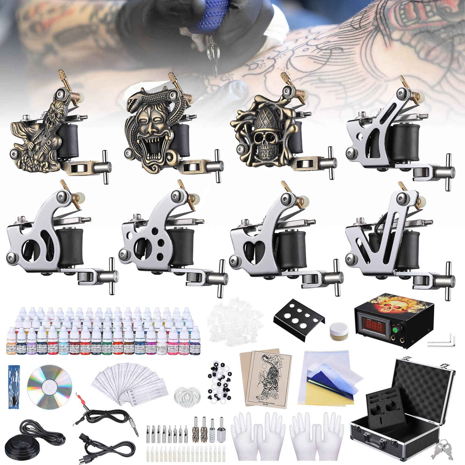 Complete Tattoo Kit 2 4 Machine Guns 40 54 Ink Power Supply Equipment Closeout