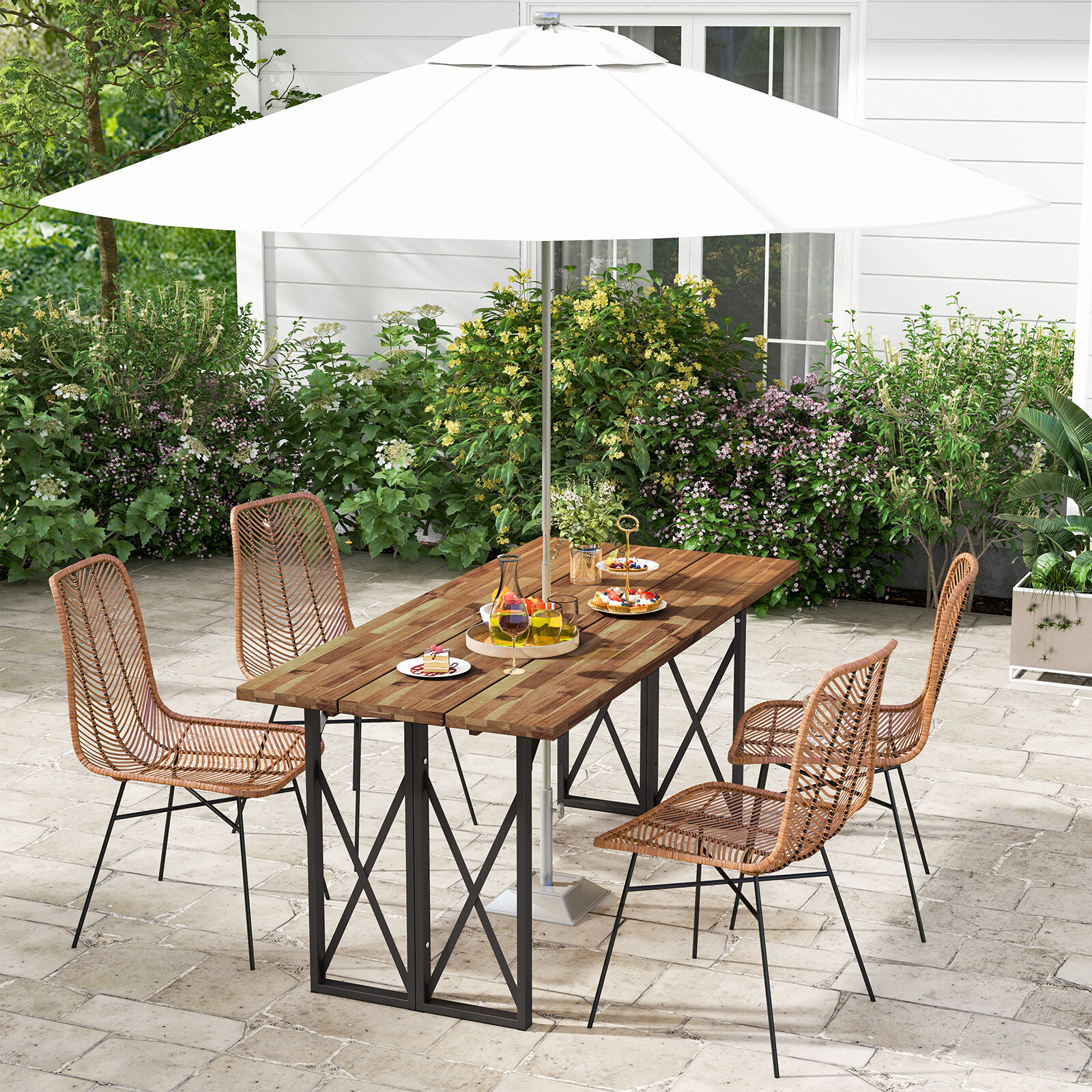 Patio 67" Rectangle Table Heavy-Duty Acacia Wood Dining Table with Umbrella Hole