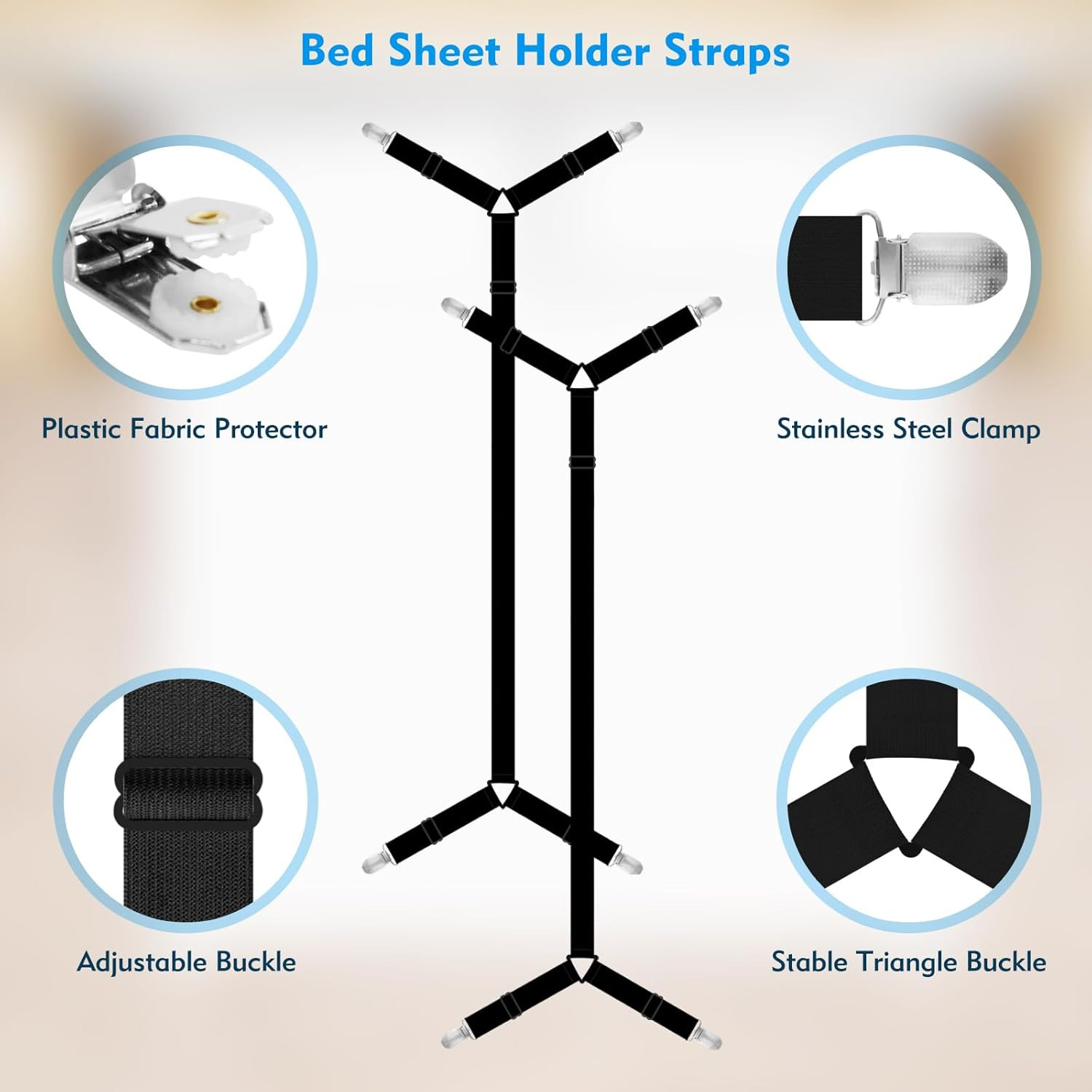 Bed Sheet Straps, 2Pcs Elastic Adjustable Bed Sheet Holder Straps, Fitted Sheet