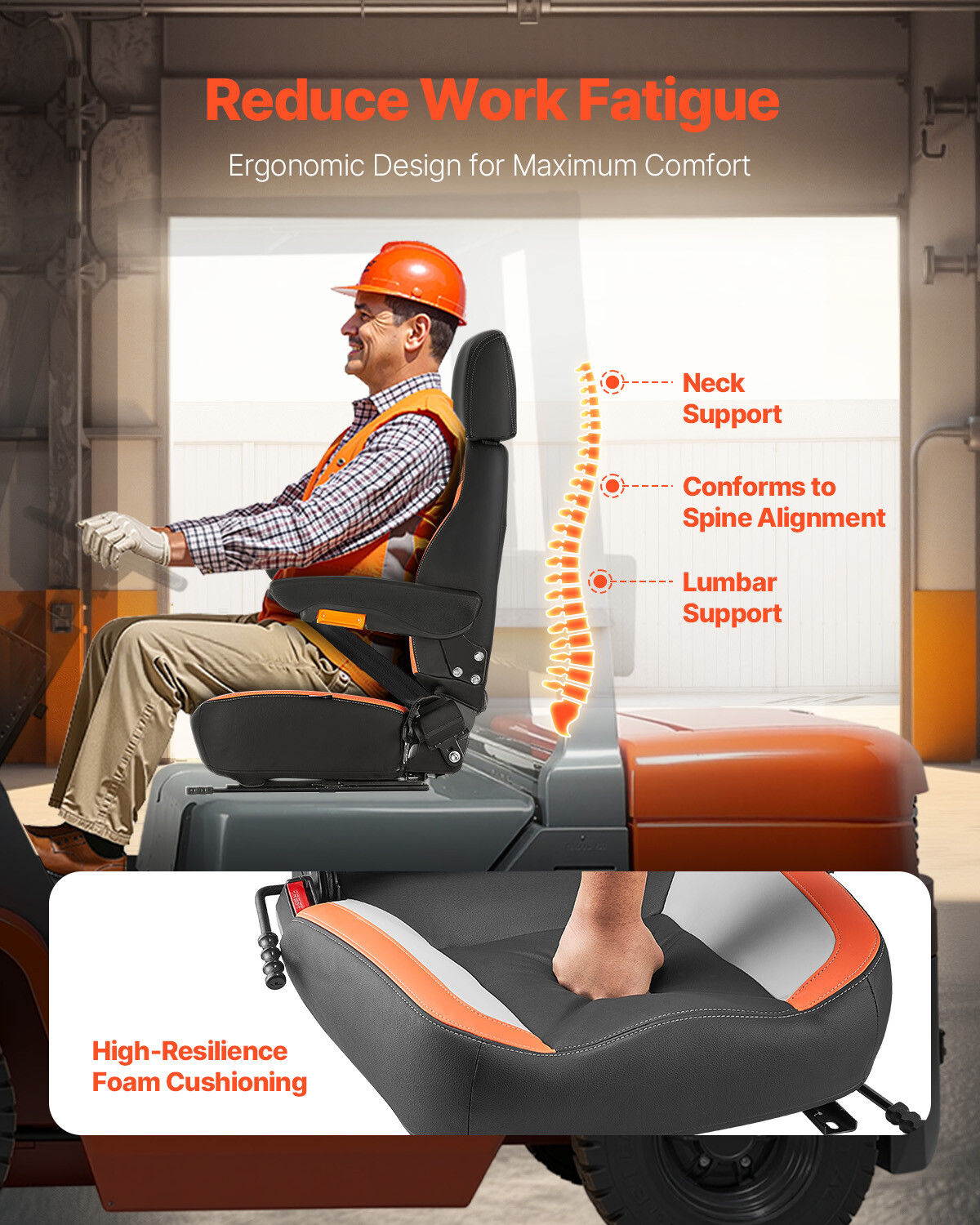 Forklift Seat Mower Tractor Seat Adjustable Back Seatbelt & Headrest