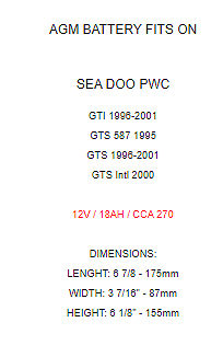 AGM Battery for Seadoo GTI GTS 1995 1996 1997 1998 1999 2000 2001