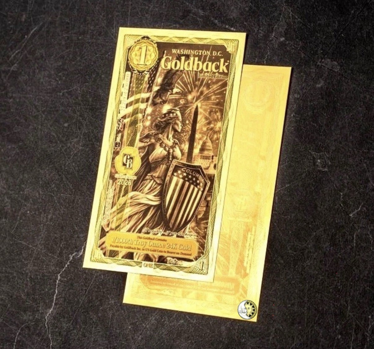 1 WASHINGTON DC GOLDBACK AURUM 24K GOLD 1/1000 OZ BU + GB SLEEVE 🔥