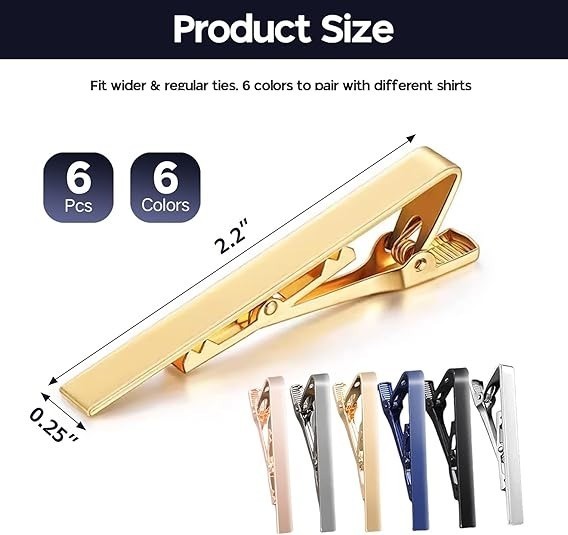 6 Pcs Tie Clips for Men, Classic Colors Non-Slip Tie Bar for Wedding & Business