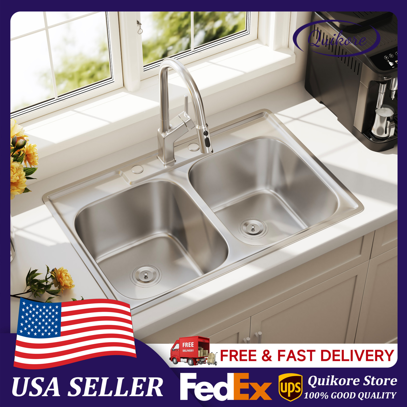 Quikore 33 Inch Topmount Drop In 33x22 Double Bowl 18 Gauge Stainless Steel Sink